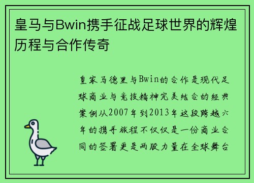 皇马与Bwin携手征战足球世界的辉煌历程与合作传奇